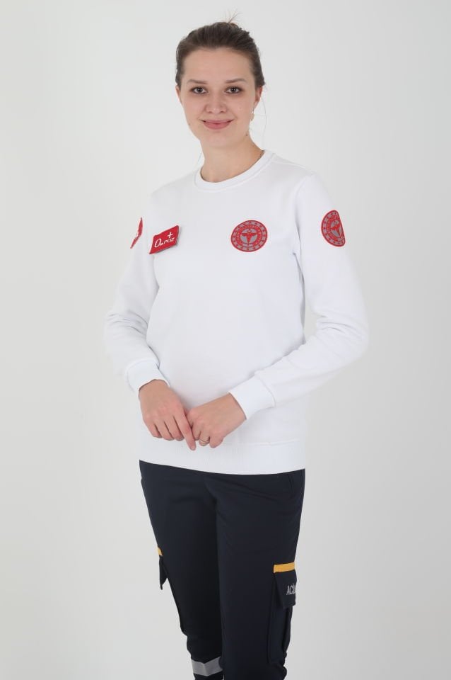 Yeni Acil Sağlık Beyaz Sıfır Yaka Swit (Unisex- 3 İplik)