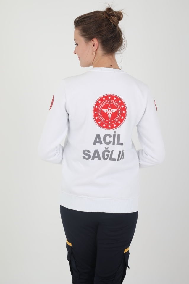 Yeni Acil Sağlık Beyaz Sıfır Yaka Swit (Unisex- 3 İplik)