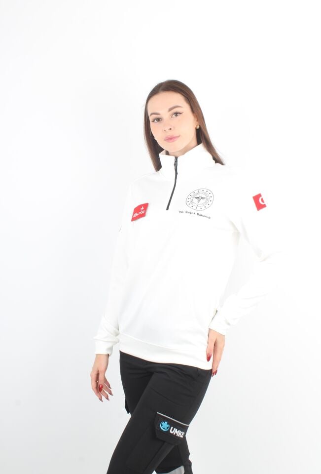 Sağlık Bakanlığı 112 Acil Beyaz Fermuarlı Swit Oysho Kumaş (Unisex)