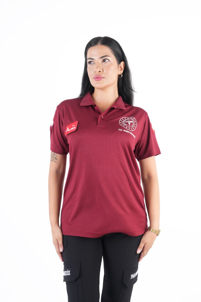 Sağlık Bakanlığı 112 Acil Bordo Comfort Polo Yaka T-shirt (Unisex-Fileli)