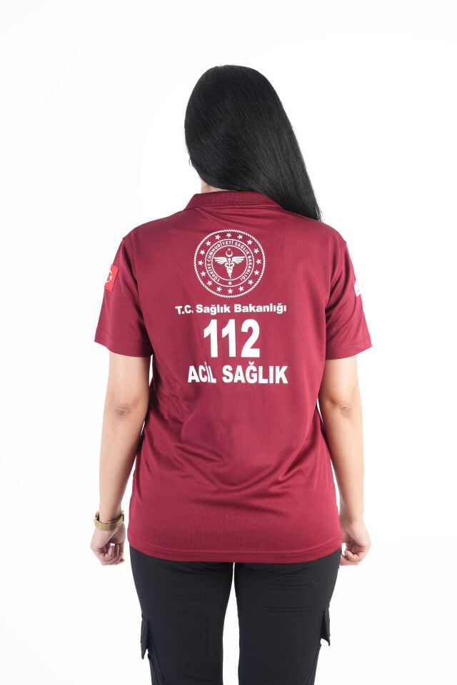 Sağlık Bakanlığı 112 Acil Bordo Comfort Polo Yaka T-shirt (Unisex-Fileli)