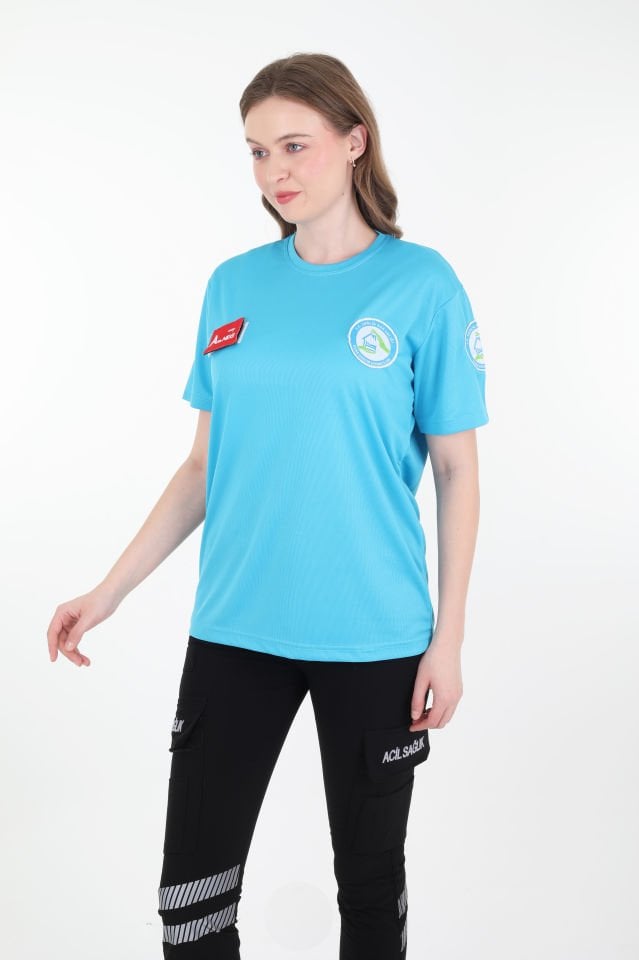 Evde Sağlık Sıfır Yaka Turkuaz T-shirt (Fileli-Unisex)