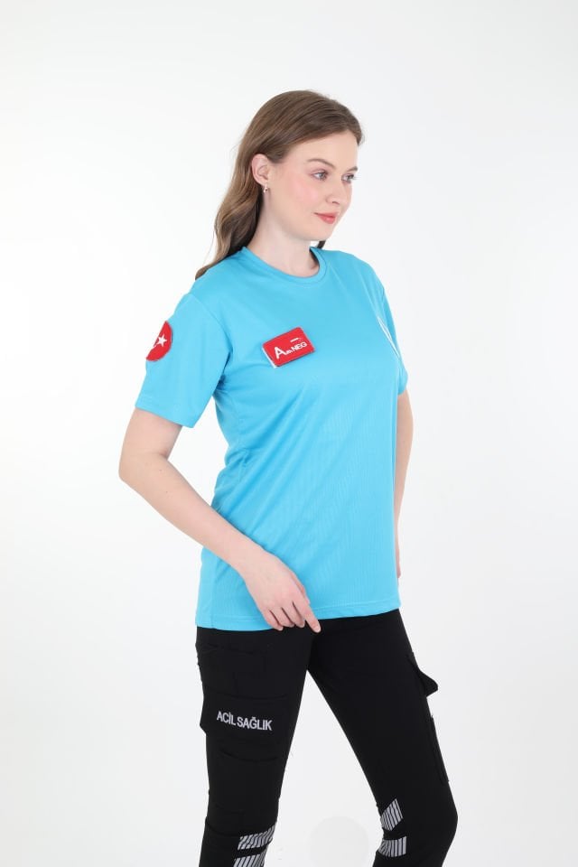 Evde Sağlık Sıfır Yaka Turkuaz T-shirt (Fileli-Unisex)