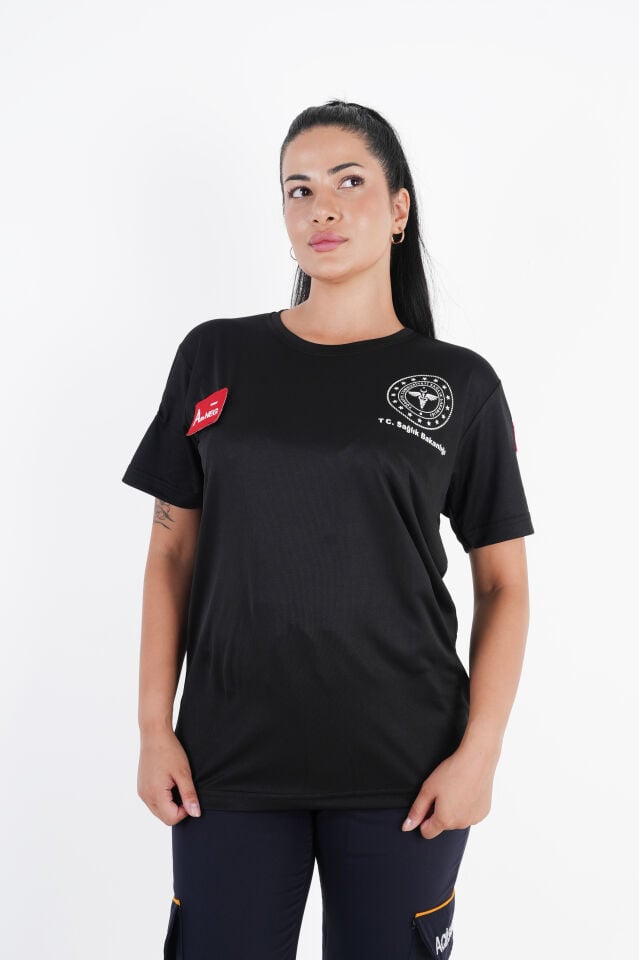 Sağlık Bakanlığı 112 Acil Siyah Comfort Sıfır Yaka T-shirt (Unisex-Fileli)