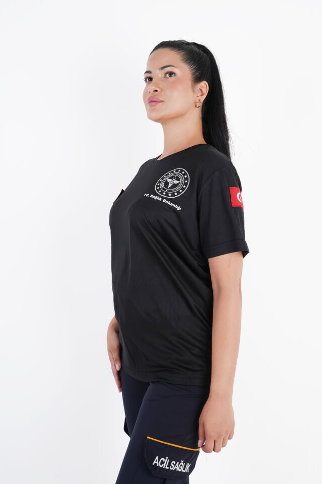 Sağlık Bakanlığı 112 Acil Siyah Comfort Sıfır Yaka T-shirt (Unisex-Fileli)
