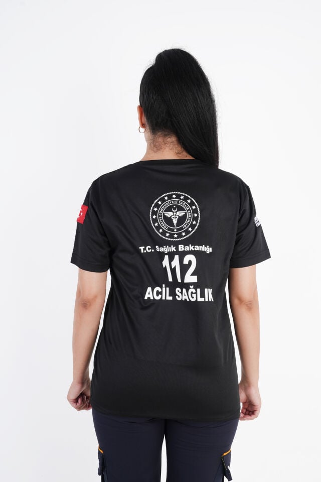 Sağlık Bakanlığı 112 Acil Siyah Comfort Sıfır Yaka T-shirt (Unisex-Fileli)