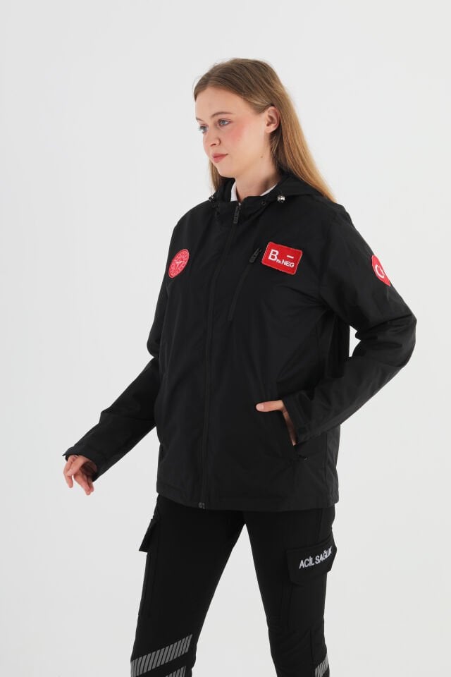 112 Acil Sağlık Siyah Mevsimlik Kapşonlu Mont (Unisex)