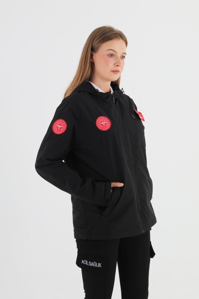 112 Acil Sağlık Siyah Mevsimlik Kapşonlu Mont (Unisex)