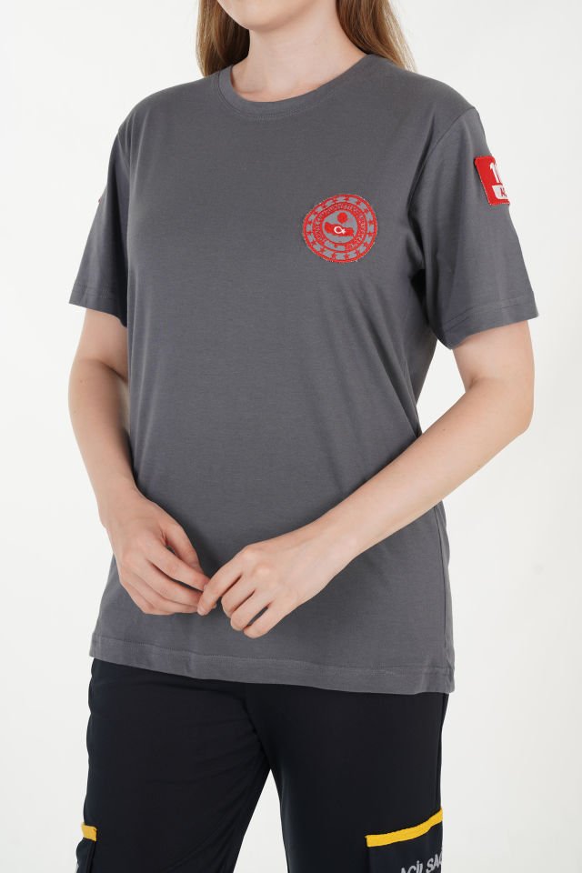 112 Acil Çağrı Merkezi Sıfır Yaka Füme Penye T-shirt (Unisex)
