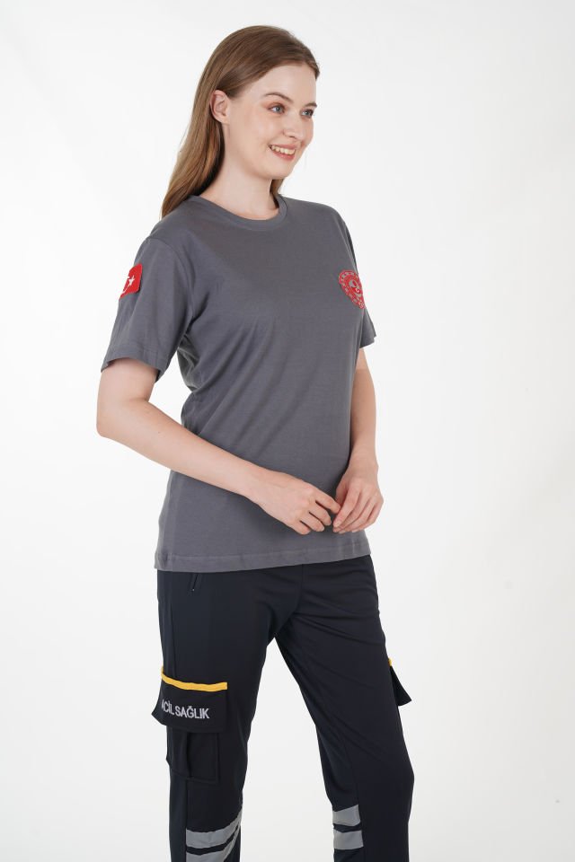 112 Acil Çağrı Merkezi Sıfır Yaka Füme Penye T-shirt (Unisex)