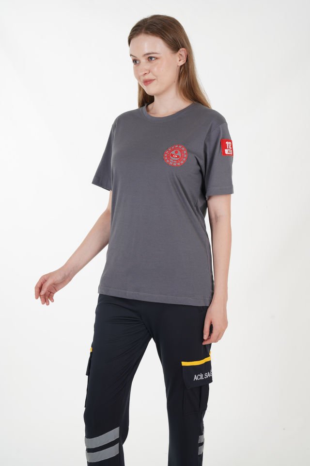 112 Acil Çağrı Merkezi Sıfır Yaka Füme Penye T-shirt (Unisex)