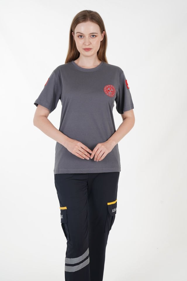 112 Acil Çağrı Merkezi Sıfır Yaka Füme Penye T-shirt (Unisex)