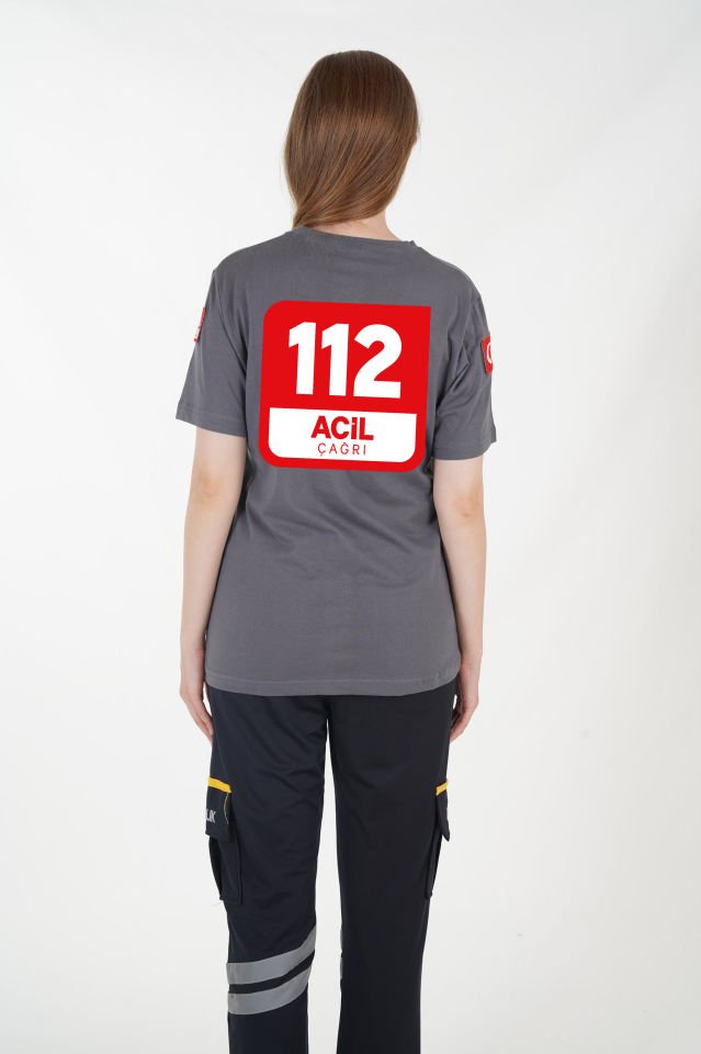 112 Acil Çağrı Merkezi Sıfır Yaka Füme Penye T-shirt (Unisex)