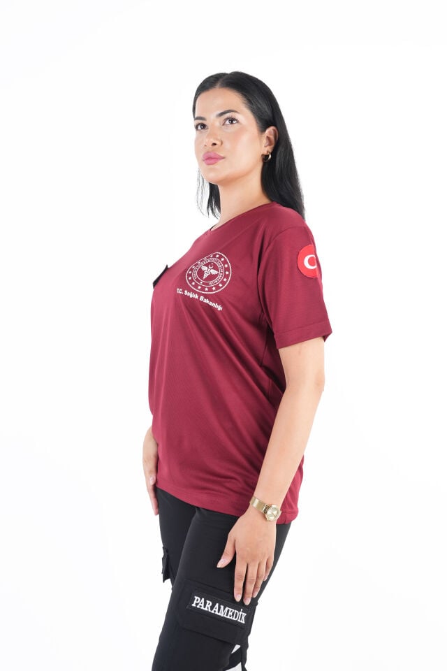 Sağlık Bakanlığı 112 Acil Bordo Comfort Sıfır Yaka T-shirt (Unisex-Fileli)