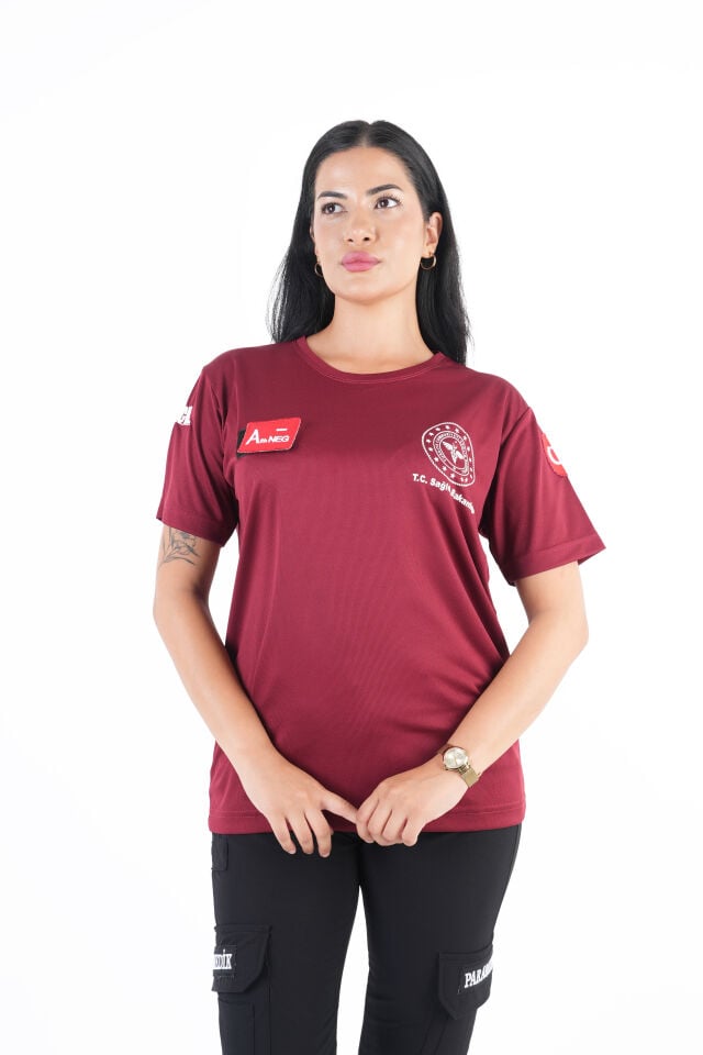 Sağlık Bakanlığı 112 Acil Bordo Comfort Sıfır Yaka T-shirt (Unisex-Fileli)