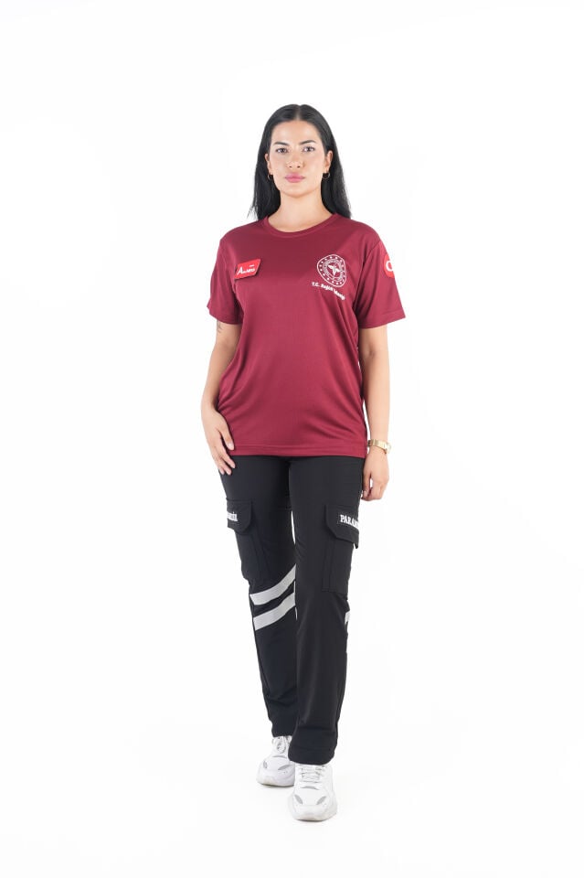 Sağlık Bakanlığı 112 Acil Bordo Comfort Sıfır Yaka T-shirt (Unisex-Fileli)