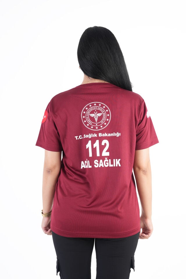 Sağlık Bakanlığı 112 Acil Bordo Comfort Sıfır Yaka T-shirt (Unisex-Fileli)