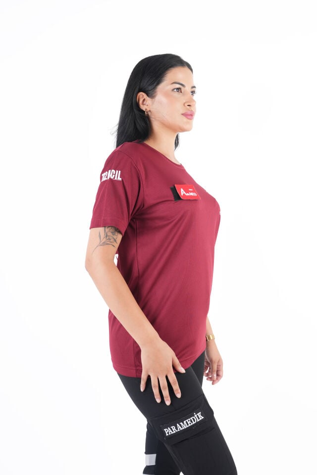 Sağlık Bakanlığı 112 Acil Bordo Comfort Sıfır Yaka T-shirt (Unisex-Fileli)