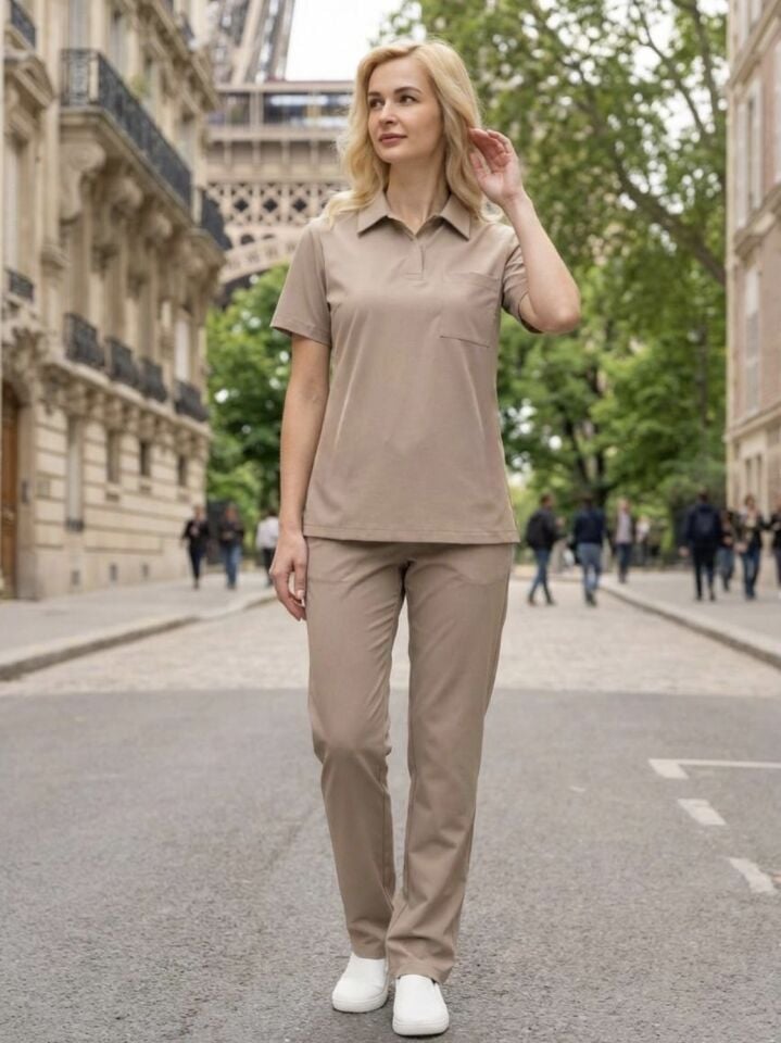 Bej Polo Yaka Likralı Cerrahi Premium Takım (Unisex)