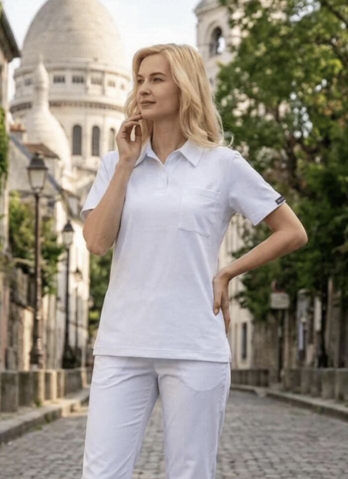 Beyaz Polo Yaka Likralı Cerrahi Premium Takım (Unisex)