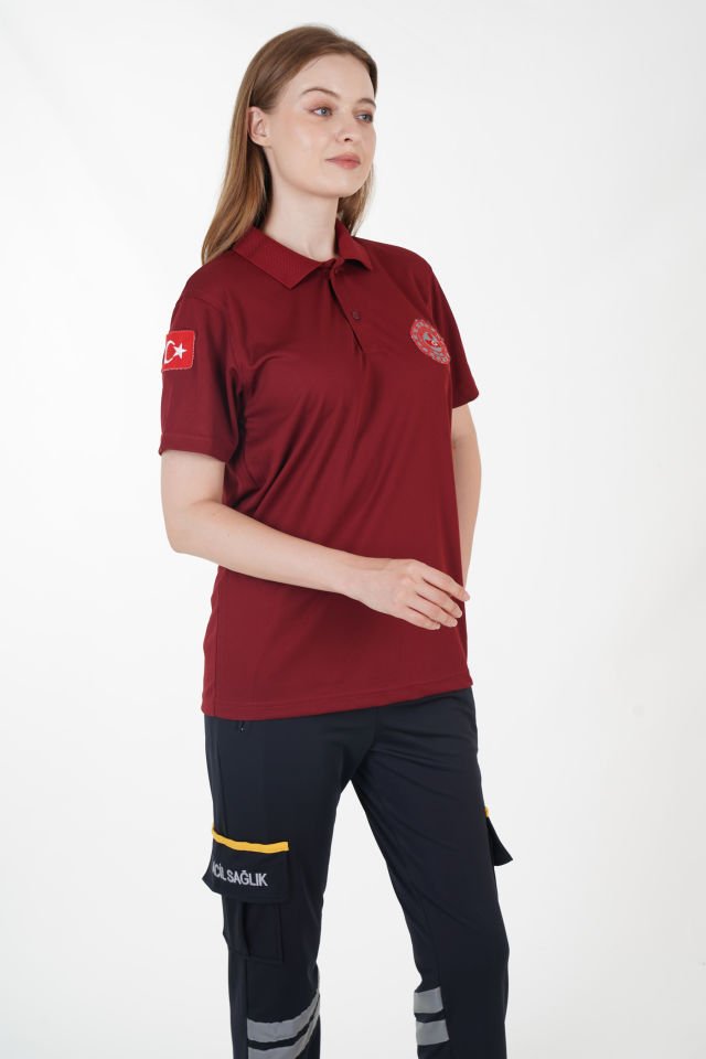 112 Acil Çağrı Merkezi Polo Yaka Bordo Comfort T-shirt (Unisex-Fileli)