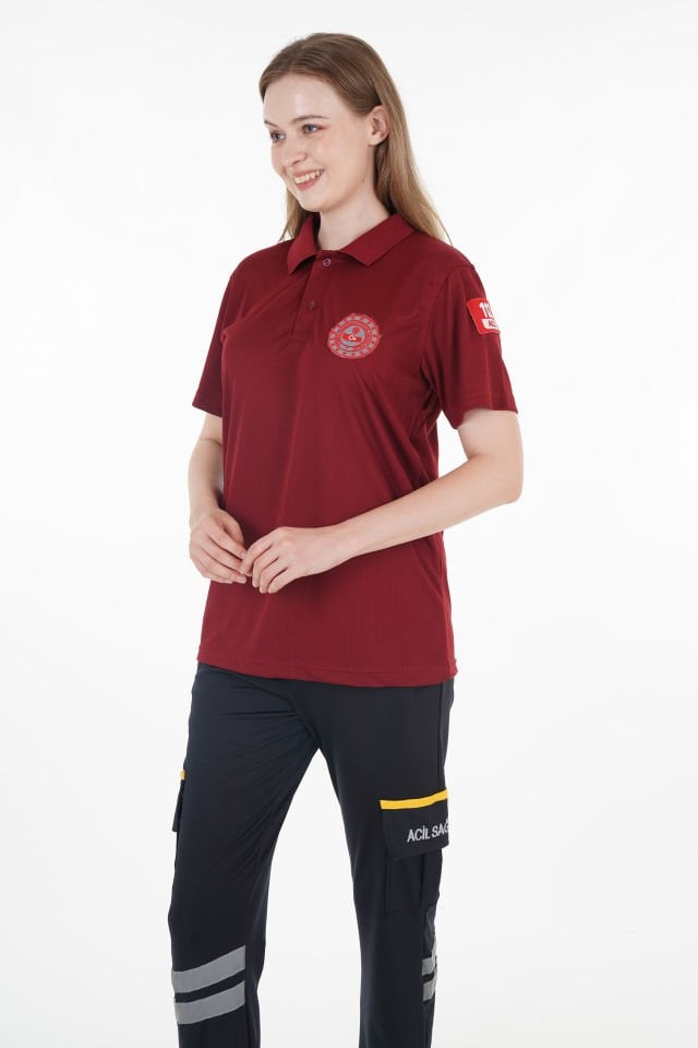 112 Acil Çağrı Merkezi Polo Yaka Bordo Comfort T-shirt (Unisex-Fileli)