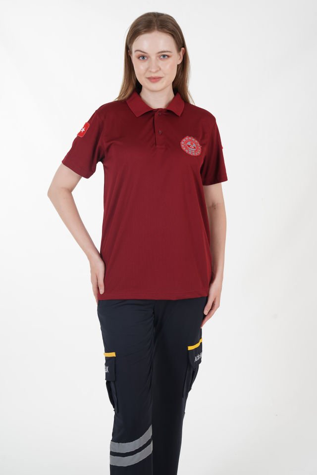 112 Acil Çağrı Merkezi Polo Yaka Bordo Comfort T-shirt (Unisex-Fileli)