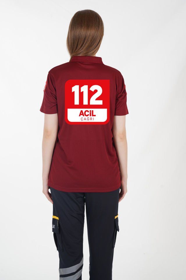 112 Acil Çağrı Merkezi Polo Yaka Bordo Comfort T-shirt (Unisex-Fileli)
