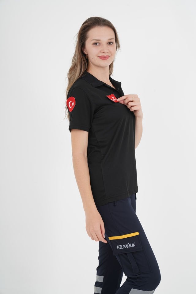 Yeni Paramedik Polo Yaka Siyah Comfort T-shirt (Fileli-Unisex)