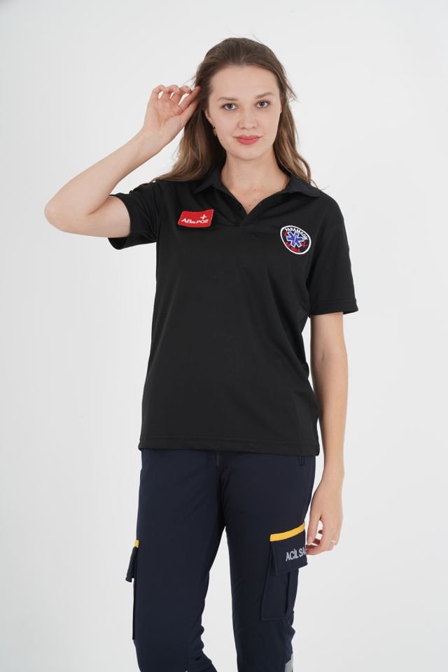 Yeni Paramedik Polo Yaka Siyah Comfort T-shirt (Fileli-Unisex)