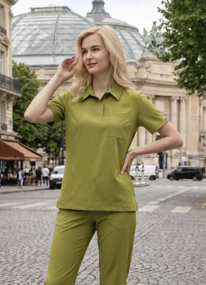 Fıstık Yeşili Polo Yaka Cerrahi Likralı Premium Takım (Unisex)