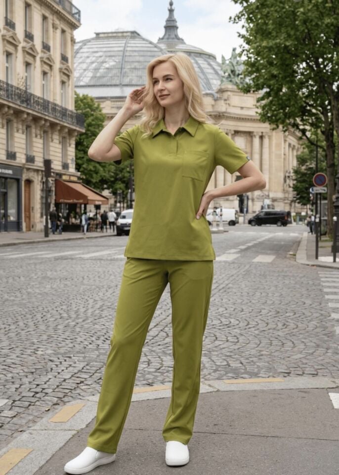 Fıstık Yeşili Polo Yaka Cerrahi Likralı Premium Takım (Unisex)