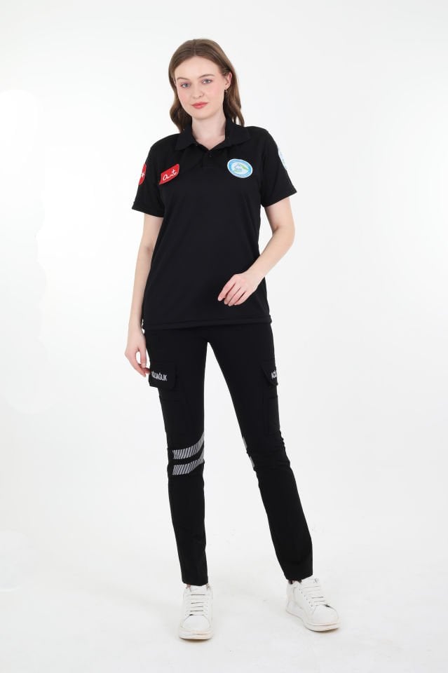 Evde Sağlık Polo Yaka Siyah Comfort T-shirt (Unisex-Fileli)