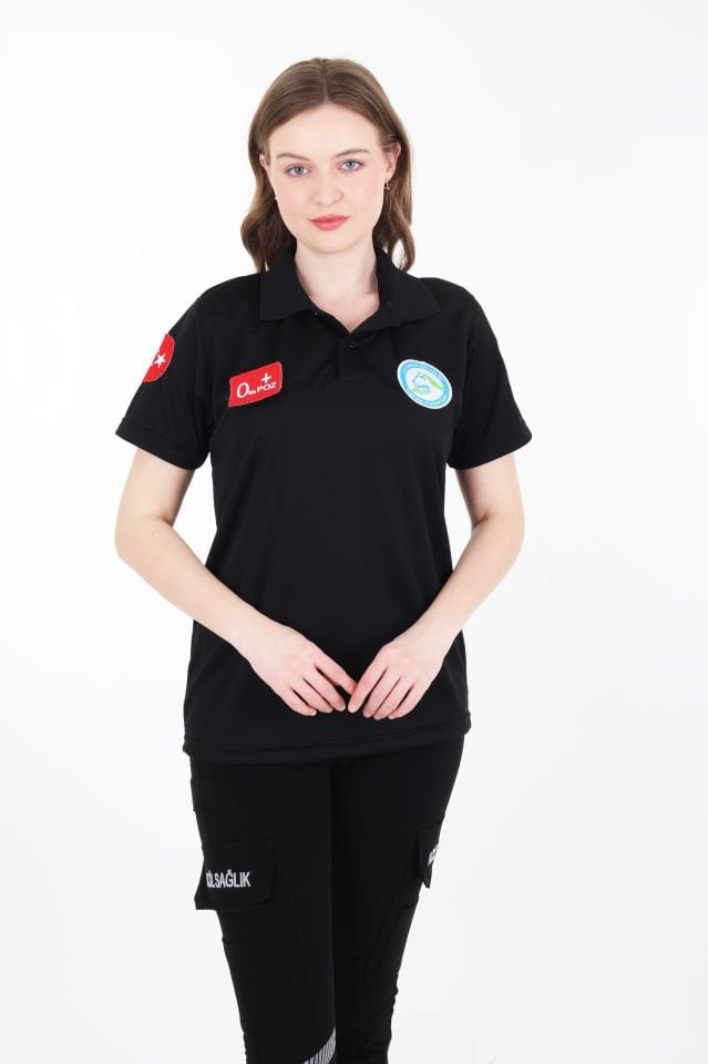 Evde Sağlık Polo Yaka Siyah Comfort T-shirt (Unisex-Fileli)