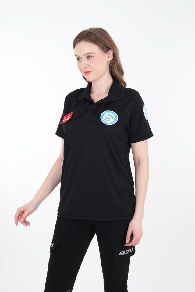 Evde Sağlık Polo Yaka Siyah Comfort T-shirt (Unisex-Fileli)
