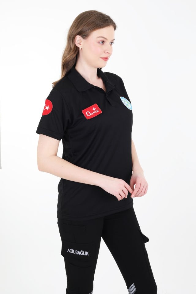 Evde Sağlık Polo Yaka Siyah Comfort T-shirt (Unisex-Fileli)