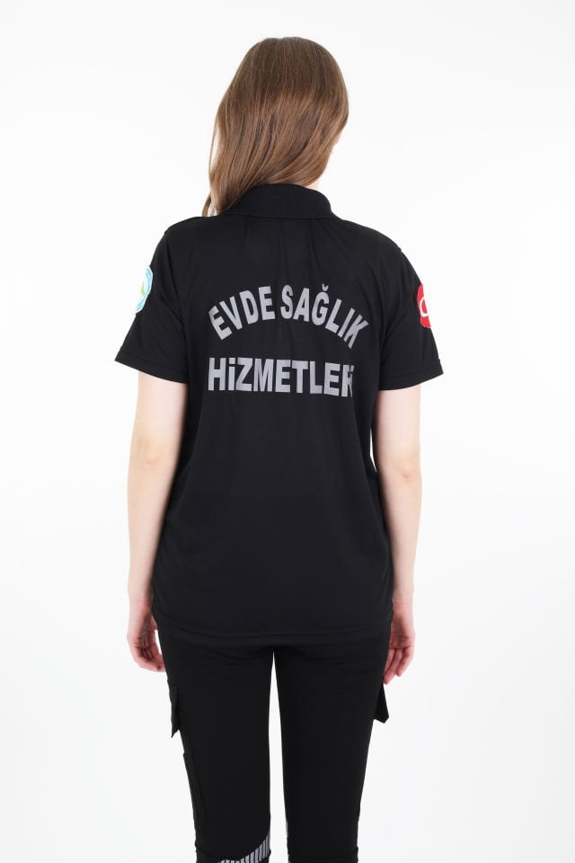 Evde Sağlık Polo Yaka Siyah Comfort T-shirt (Unisex-Fileli)