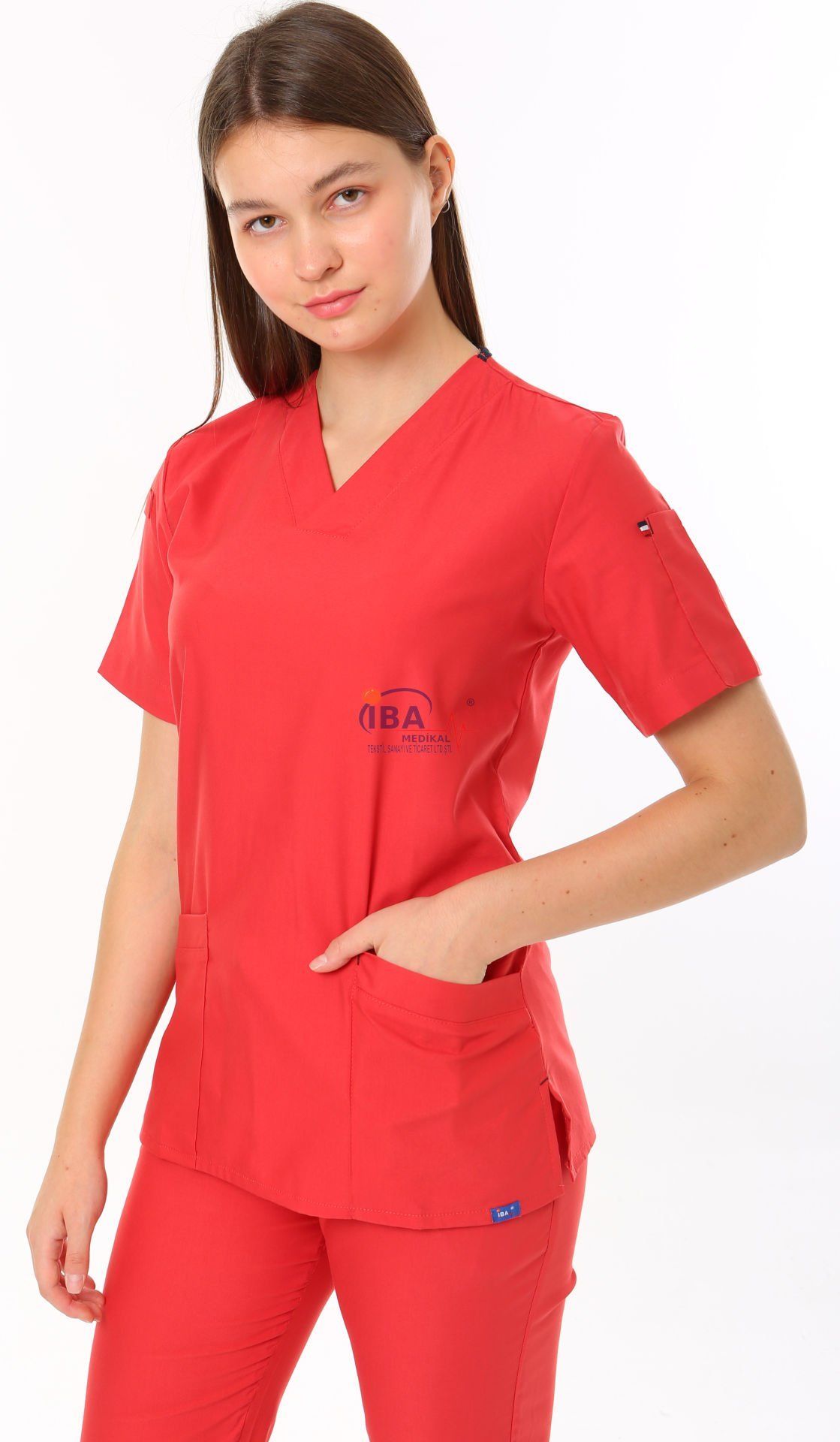 İ-Cool U Yaka Likralı Cerrahi Takım XXS-34/36 Beden - Nar Çiçeği