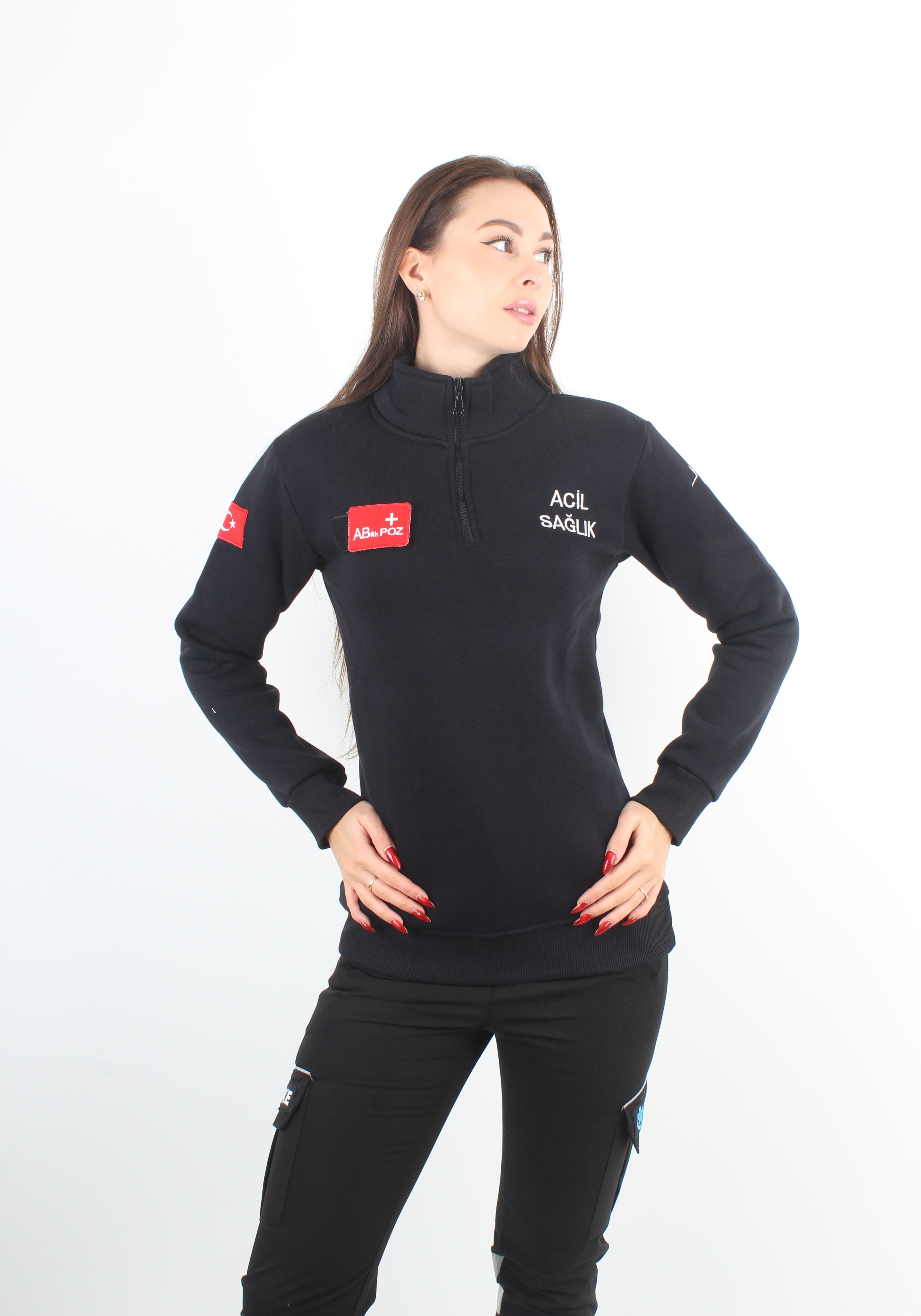 Acil Sağlık Siyah Fermuarlı Swit (3 İplik-Unisex)