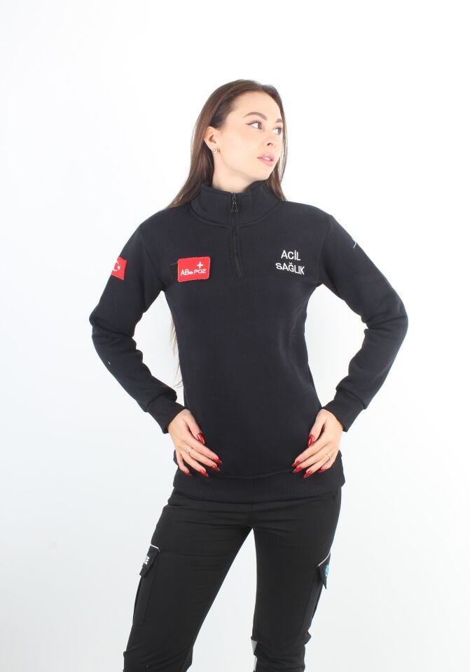 Acil Sağlık Siyah Fermuarlı Swit (3 İplik-Unisex)