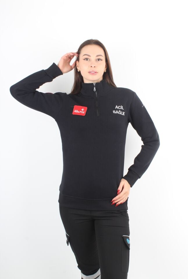 Acil Sağlık Siyah Fermuarlı Swit (3 İplik-Unisex)