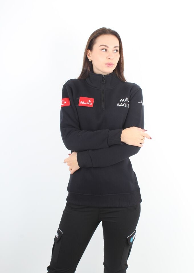 Acil Sağlık Siyah Fermuarlı Swit (3 İplik-Unisex)