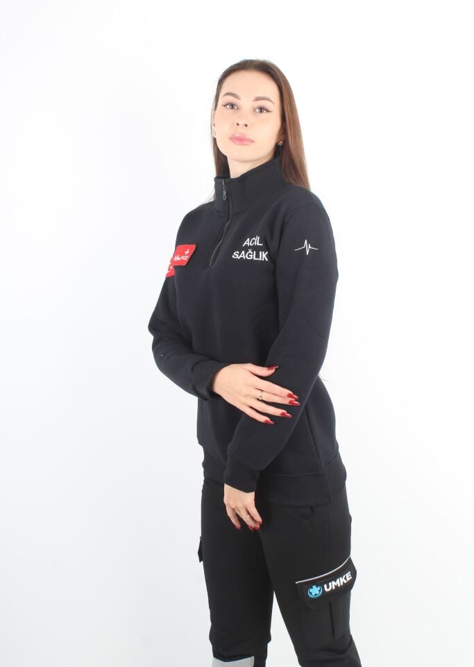 Acil Sağlık Siyah Fermuarlı Swit (3 İplik-Unisex)