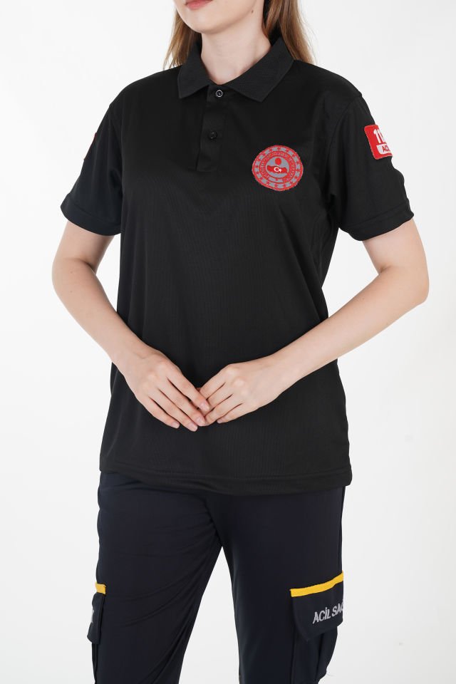 112 Acil Çağrı Merkezi Siyah Polo Yaka Comfort T-shirt (Unisex-Fileli)