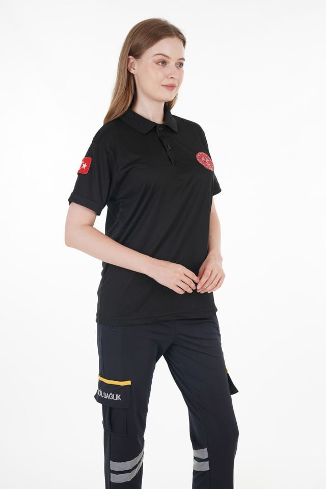 112 Acil Çağrı Merkezi Siyah Polo Yaka Comfort T-shirt (Unisex-Fileli)