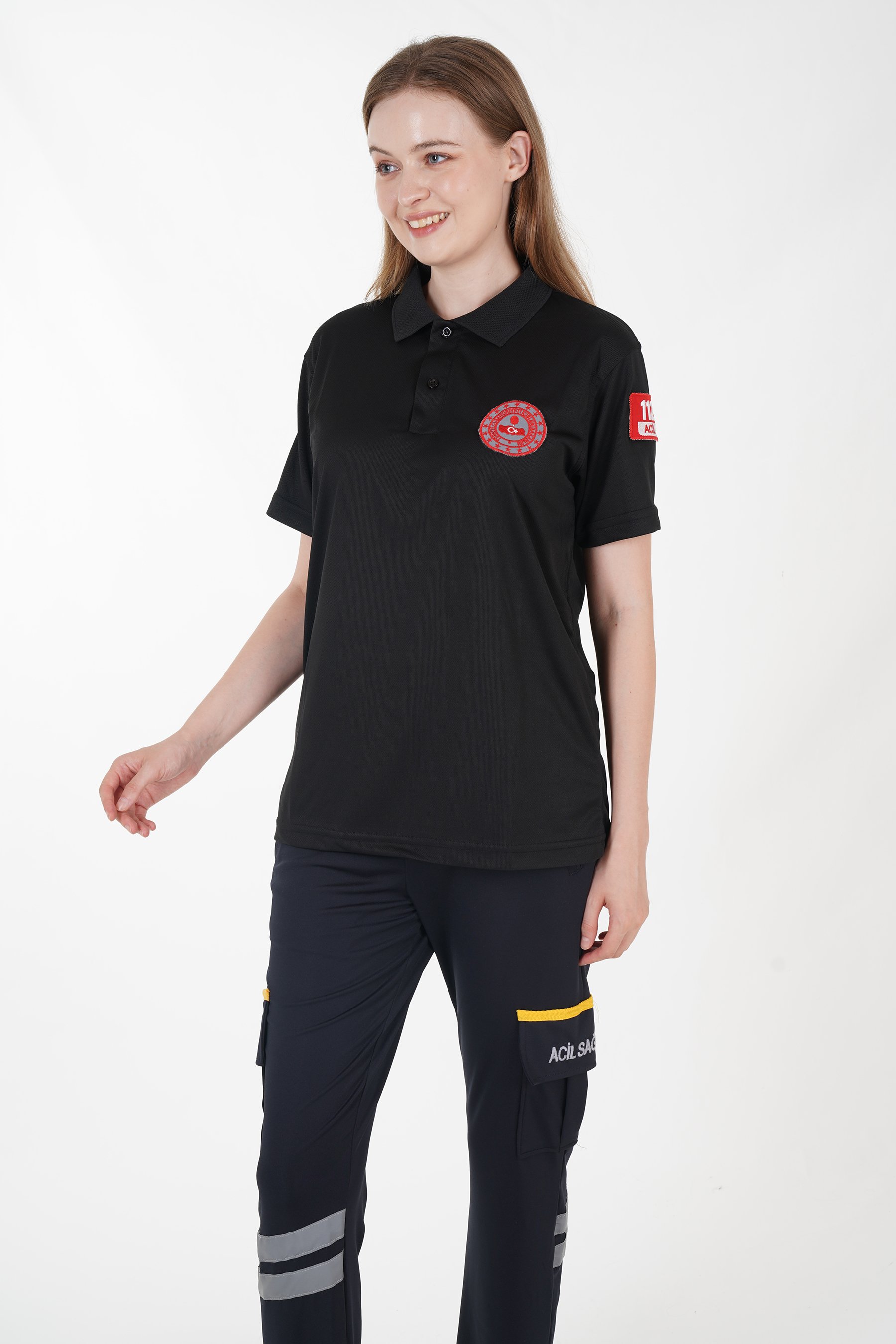 112 Acil Çağrı Merkezi Siyah Polo Yaka Comfort T-shirt (Unisex-Fileli)