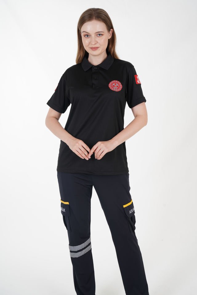 112 Acil Çağrı Merkezi Siyah Polo Yaka Comfort T-shirt (Unisex-Fileli)