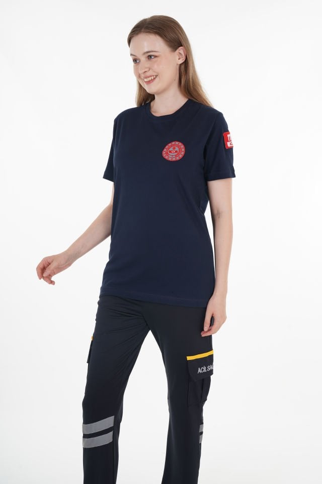 112 Acil Çağrı Merkezi Lacivert Penye T-shirt (Unisex-Fileli)
