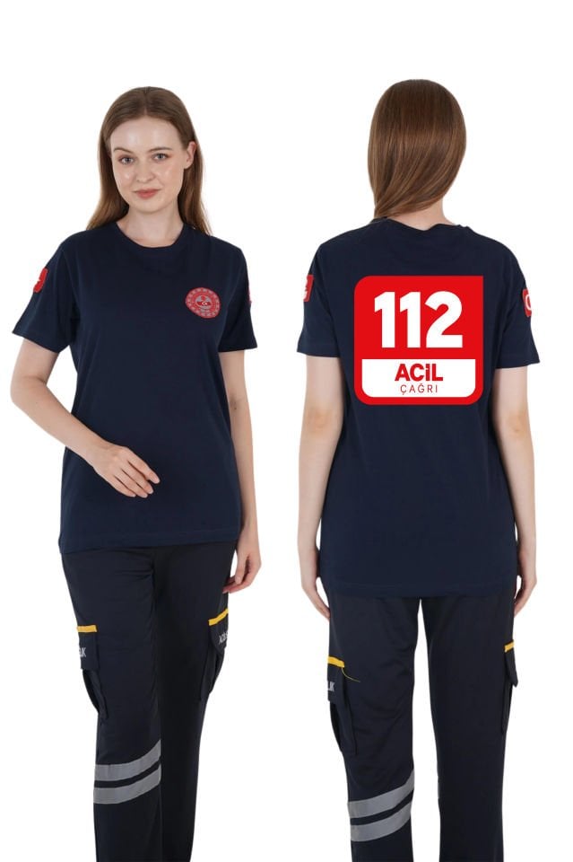 112 Acil Çağrı Merkezi Lacivert Penye T-shirt (Unisex-Fileli)