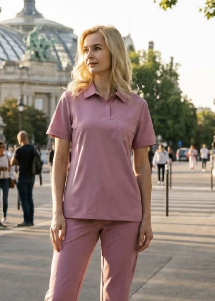 Gül Kurusu Polo Yaka Likralı Cerrahi Premium Takım (Unisex)